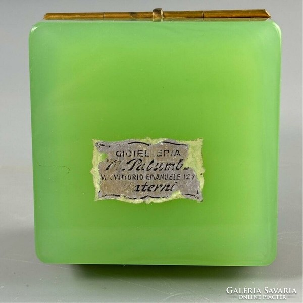 Krizopráz virágos kézműves porcelán díszítésű üveg ékszertartó ca. 1940