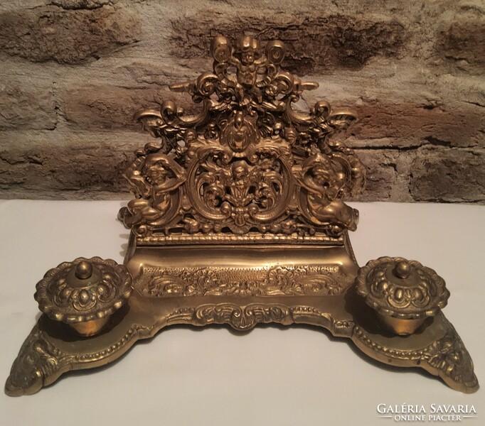 Barokk sárgaréz asztali levél-toll és tintatartó