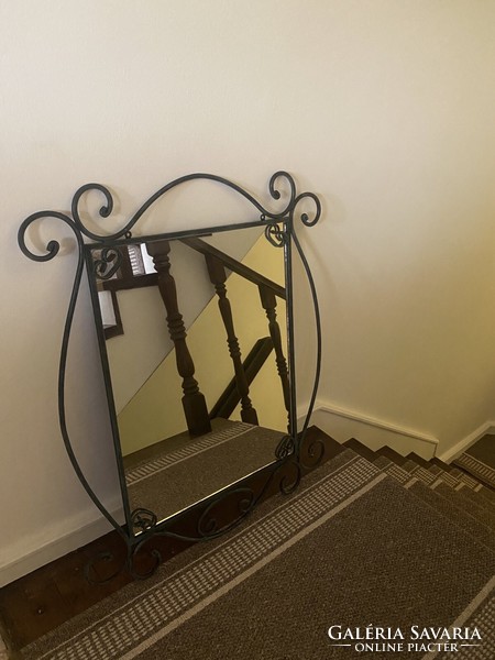 Console table with mirror, wrought iron, glass top