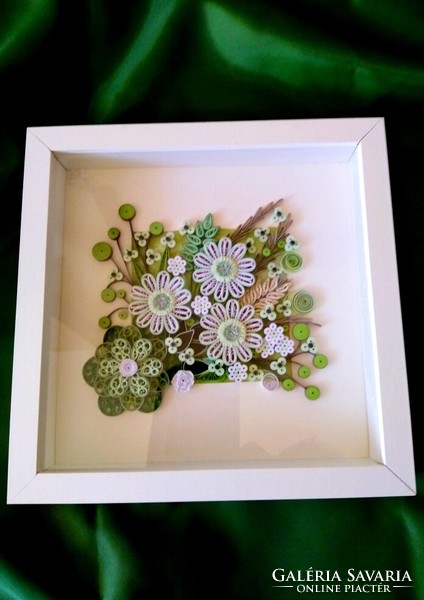 Virágkompozíciós kép zöldes színvariációkkal, mélyített, 25,5x25,5cm keretben