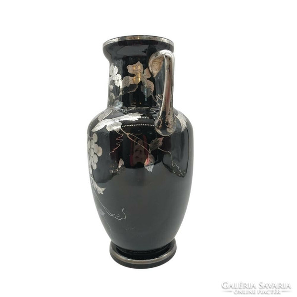 Pair of black Czech vases, silver appliqué m00731