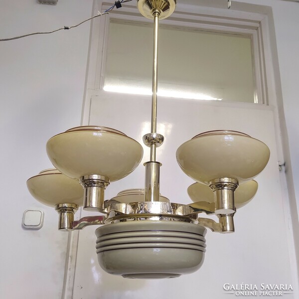 Art deco - streamlined 5-arm, 6-burner copper chandelier renovated - cream shades