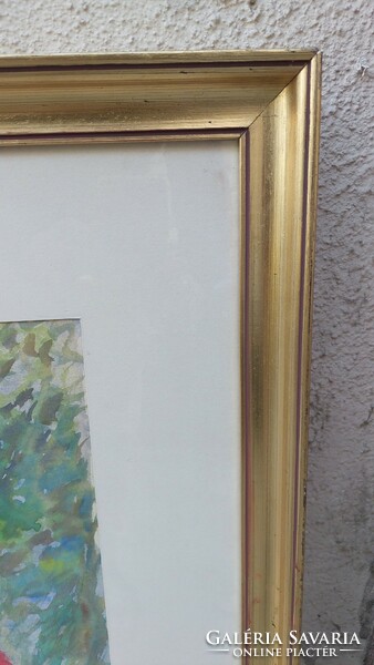 Üvegezett arany- fa képkeret festménnyel, belső mérete 70x55 cm
