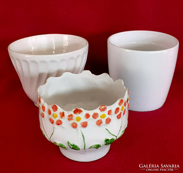 3 Pcs. White glazed ceramic flower pot, basket.