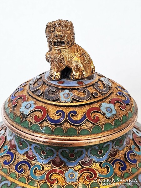 Antik kínai zománc gyömbértartó fedelén Foo / Fo / Fó kutya fogóval