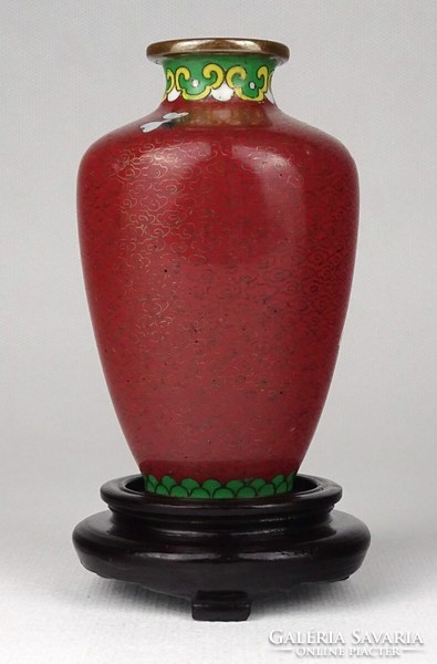1Q926 Régi virágos fekete tűzzománc váza 12.3 cm