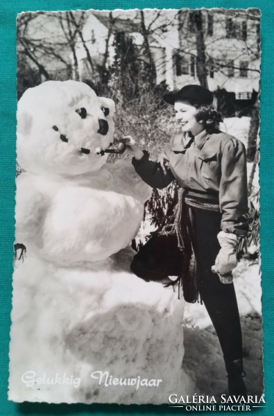 Old photo postcard, lady, snowman, fashion