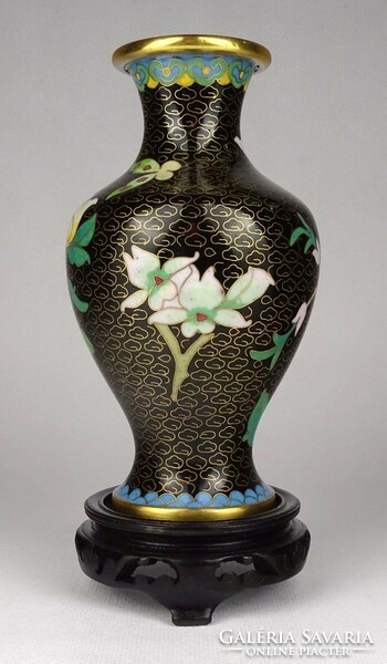 1Q925 Régi virágos fekete tűzzománc váza 18.5 cm