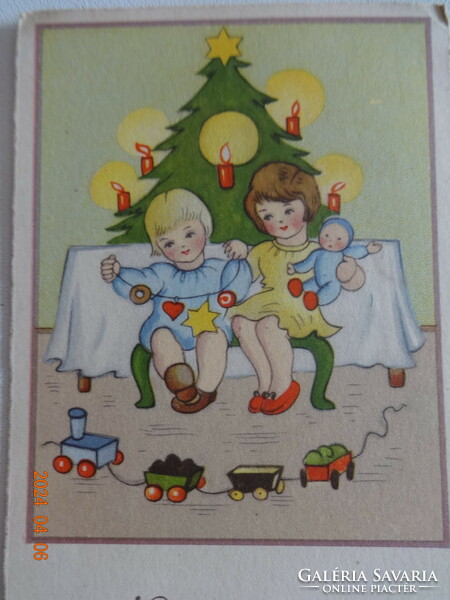 Régi grafikus újévi üdvözlő képeslap: kislányok karásconyfa alatt