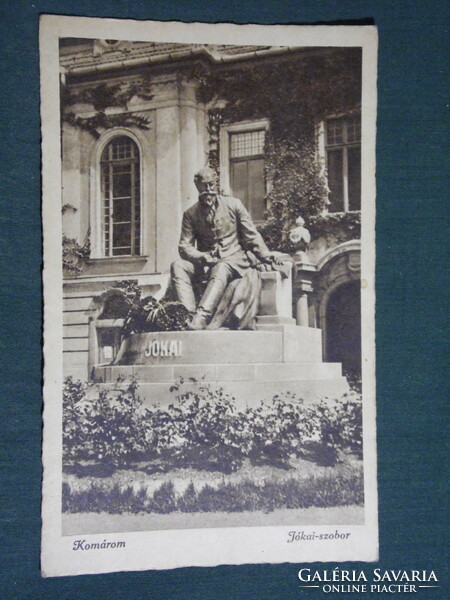 Képeslap,Postcard, Komárom, Jókai Mór szobor, emlékmű látkép,1943
