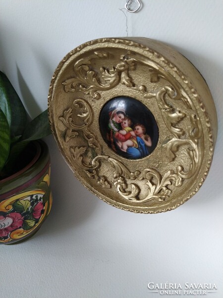 Antique painted Italian porcelain holy image in a gilded wooden frame