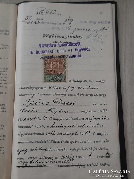 Leckekönyv 1913 - 1926 ig Budapesti királyi magyar Pázmány Péter tudomány -egyetem