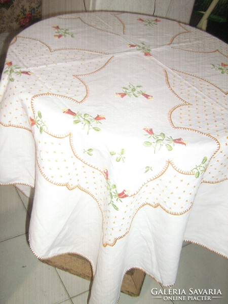Beautiful antique hand-embroidered linen tablecloth