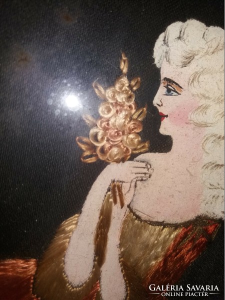 Antik 18 -19 század fordulós hímzett selyemkép keretben üveg alatt EGYBEN állapot a képek szerint