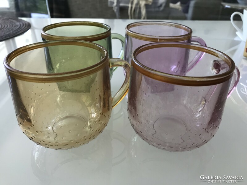 Colored glass mugs with cam decoration, gold rim, 8.5 cm high