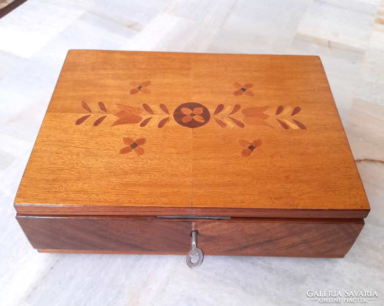 Old inlaid, lined wooden box, lockable with a key