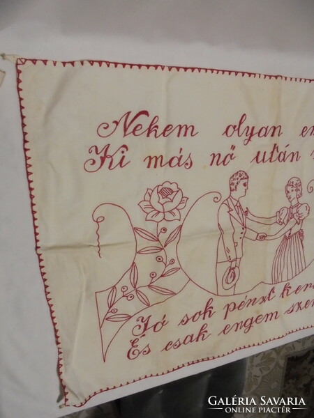 Old, hand-embroidered, scenic kitchen wall protector with the inscription 