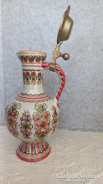Ulmer ceramic carafe with tin lid, marked, hand decorated, flawless, 27.5 x 6 cm.