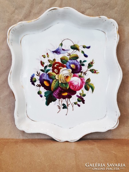 Gyönyörű 19. sz-i antik kézzel festett virágmintás porcelán tálca