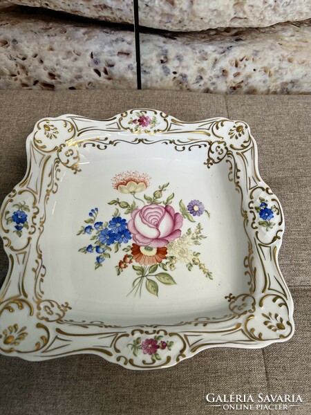 Hollóházi Barokk Stílusú Virágmintás Aranyozott Porcelán Tál A72