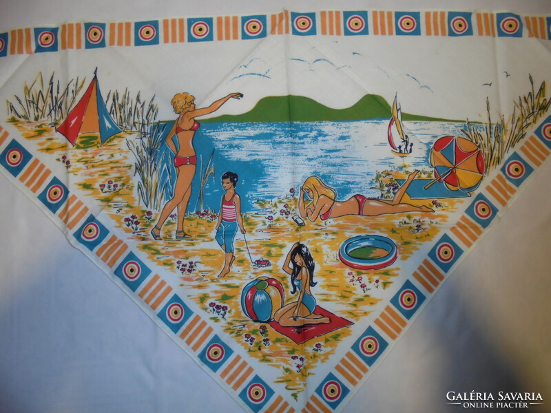 Old scarf, headscarf with a printed pattern scene with a beach scene - Balaton souvenir, piece of nostalgia