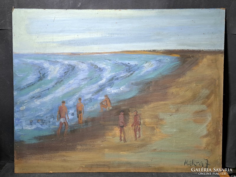 János Makra: rippling water (gallery painting) beachgoers, 1980s