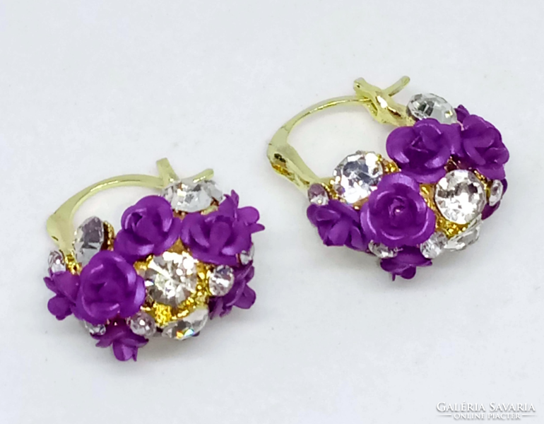 Purple rose earrings with clear crystals 404
