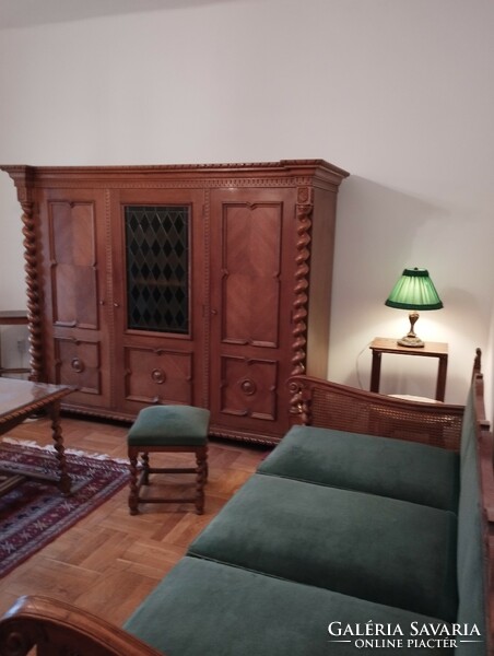 Colonial-style wardrobe, chest of drawers and sofa set with poufs