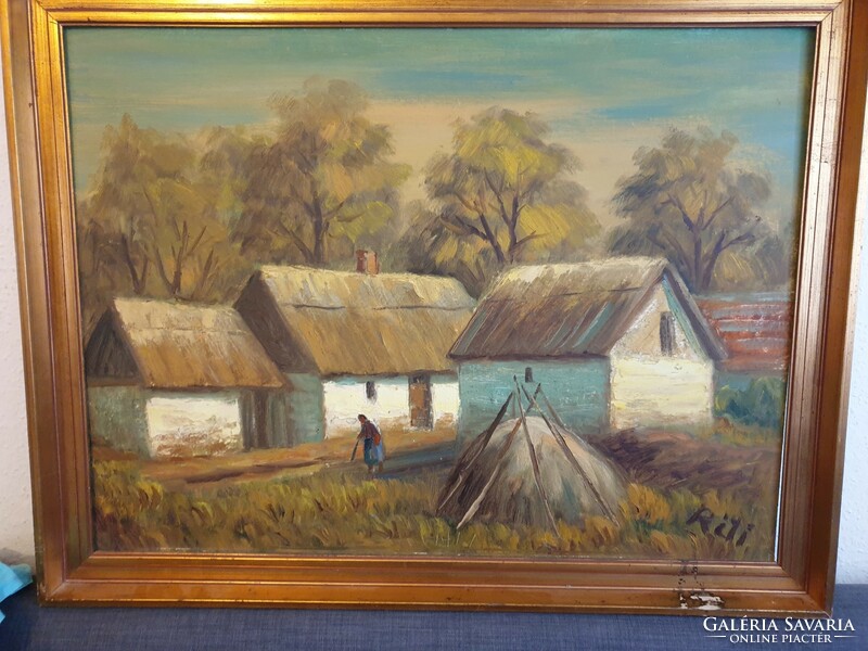 Matyás Réti's oil painting of wooden houses with thatched roofs