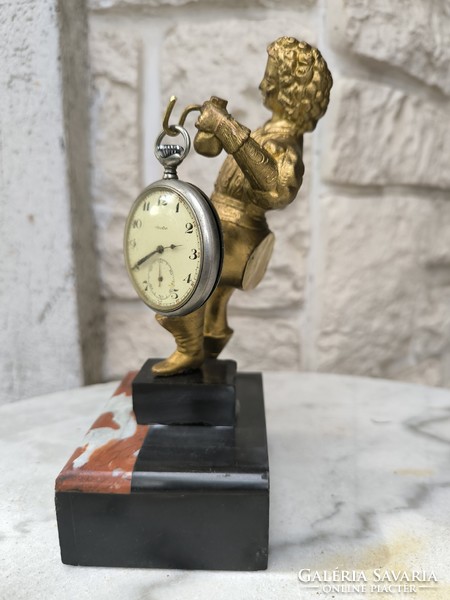 Antique pocket watch holder, antique statue made of metal, table clock, picture holder, gilded.
