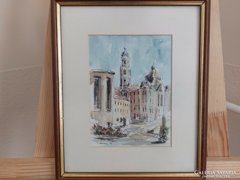 Beautiful watercolor painting of Széchenyi Square by András Szabó with a 25x30 cm frame