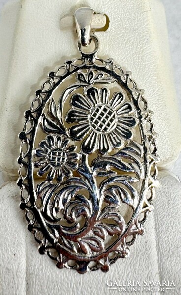Silver flower pendant, sunflower pattern, folk style 925 silver jewelry