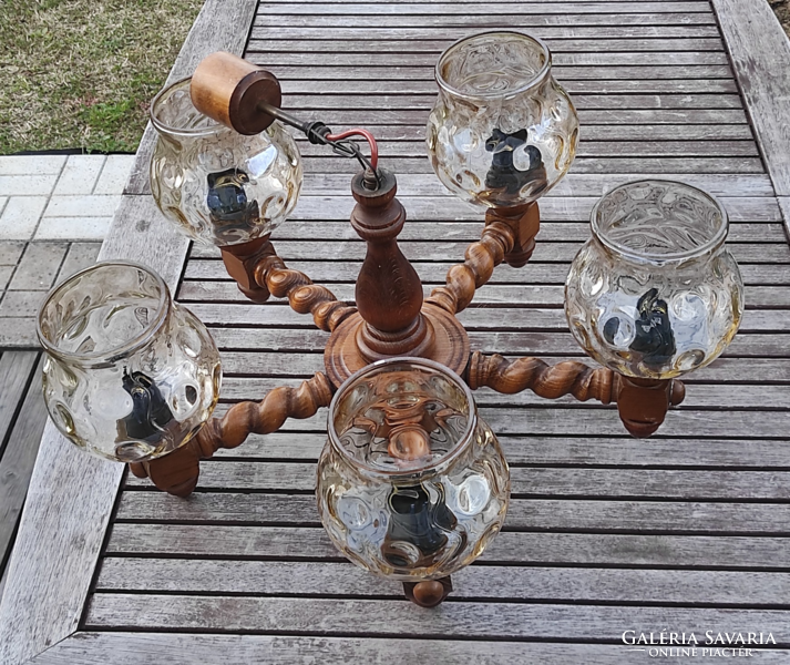 Rusztikus 5 karú faragott fa koloniál stílusú mennyezeti lámpa, csillár