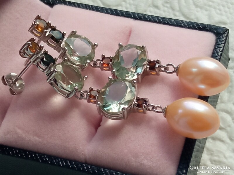 Green amethyst - pearl 925 silver earrings