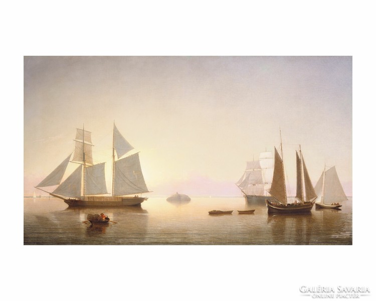Beautiful, antique, reproduction of a painting depicting sailboats, vintage poster