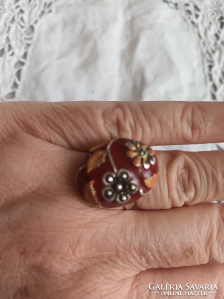 Old handmade silver ring with fire enamel and marcasite for sale!