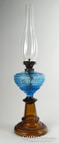 1L829 antique colored glass blue amber kerosene lamp with cylinder 48.5 Cm
