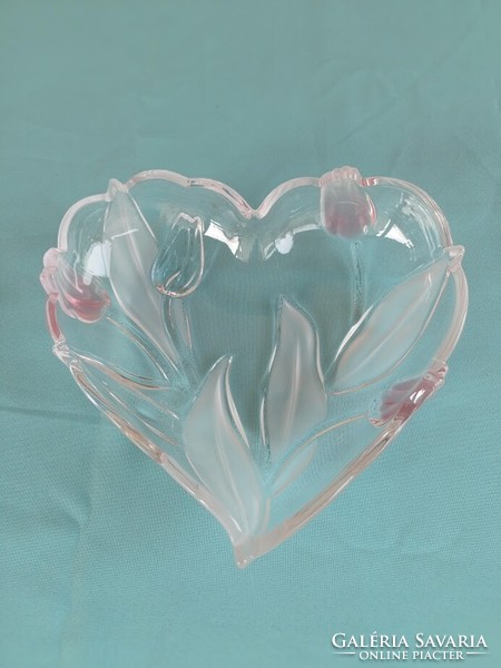 Tulipános szív alakú, üveg asztalközép kínáló tál