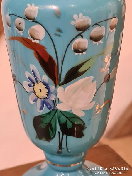 Art Nouveau antique turquoise milk glass painted enamel vase with split base