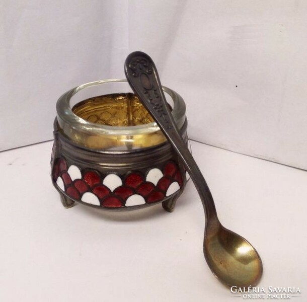 Enamelled caviar dish with the original spoon, from the old Soviet Union