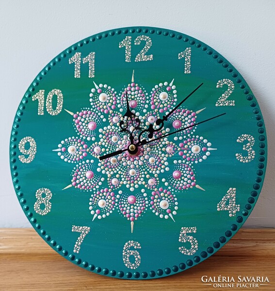 New! Turquoise pink rosegold white wall clock with mandala decoration, hand painted, 25cm
