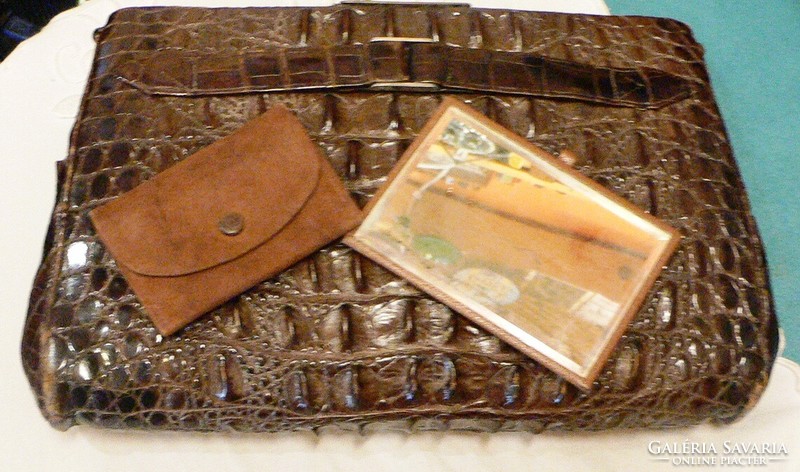 Vintage thick crocodile skin handbag with wallet and mirror