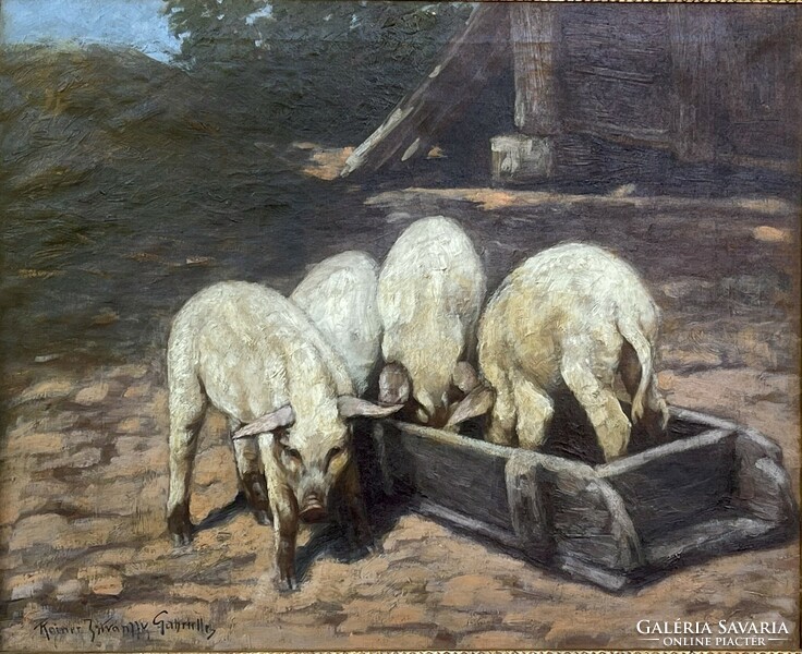 Reiner Istvánffy Gabriella - Falusi udvar malacokkal, olaj festmény