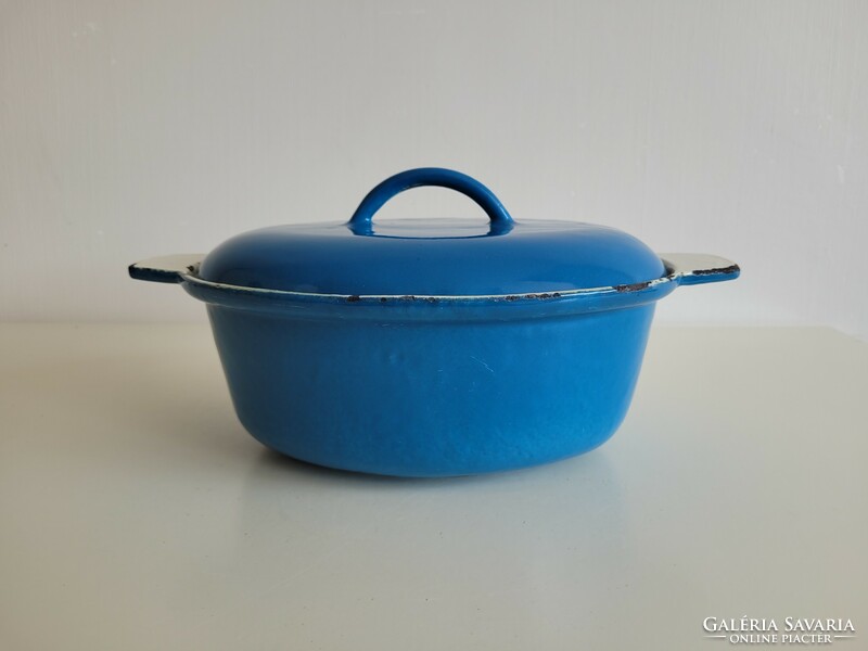 Old vintage blue enameled cast iron baking dish with legs enameled bowl with lid iron pot pot