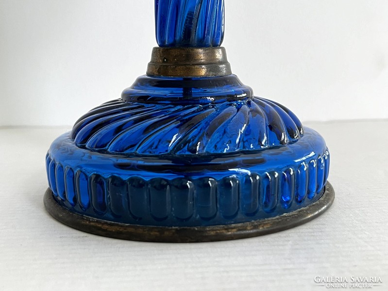 Old, antique, large-scale Hungarian metal and lamp factory blue glass kerosene lamp with milk glass shade