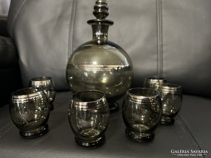 French, art deco, black smoked glass, decorated with silver stripes, clean design, liqueur