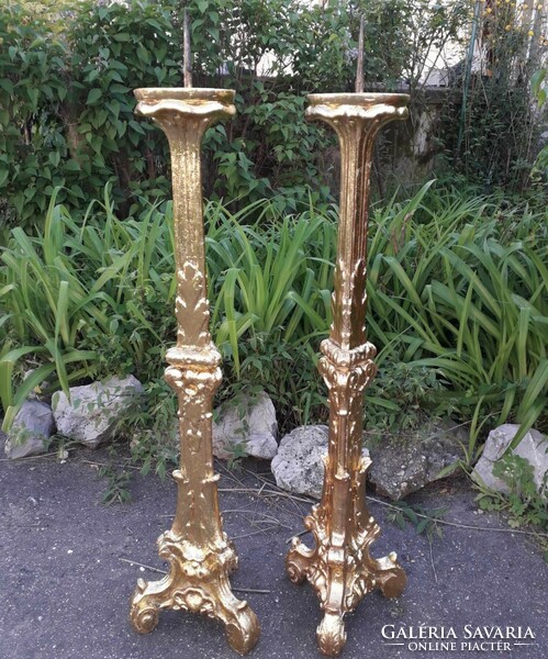 2 antique candle holders / wood carvings.