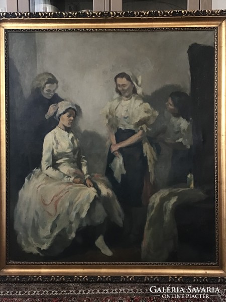 Old large oil painting in a wooden frame, signed 1954
