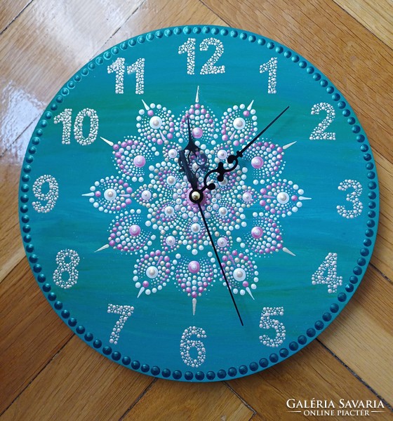 New! Turquoise pink rosegold white wall clock with mandala decoration, hand painted, 25cm