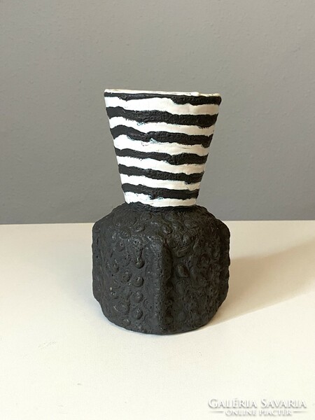 Király retro ceramic vase with black textured surface, black bottom and striped top 19 cm